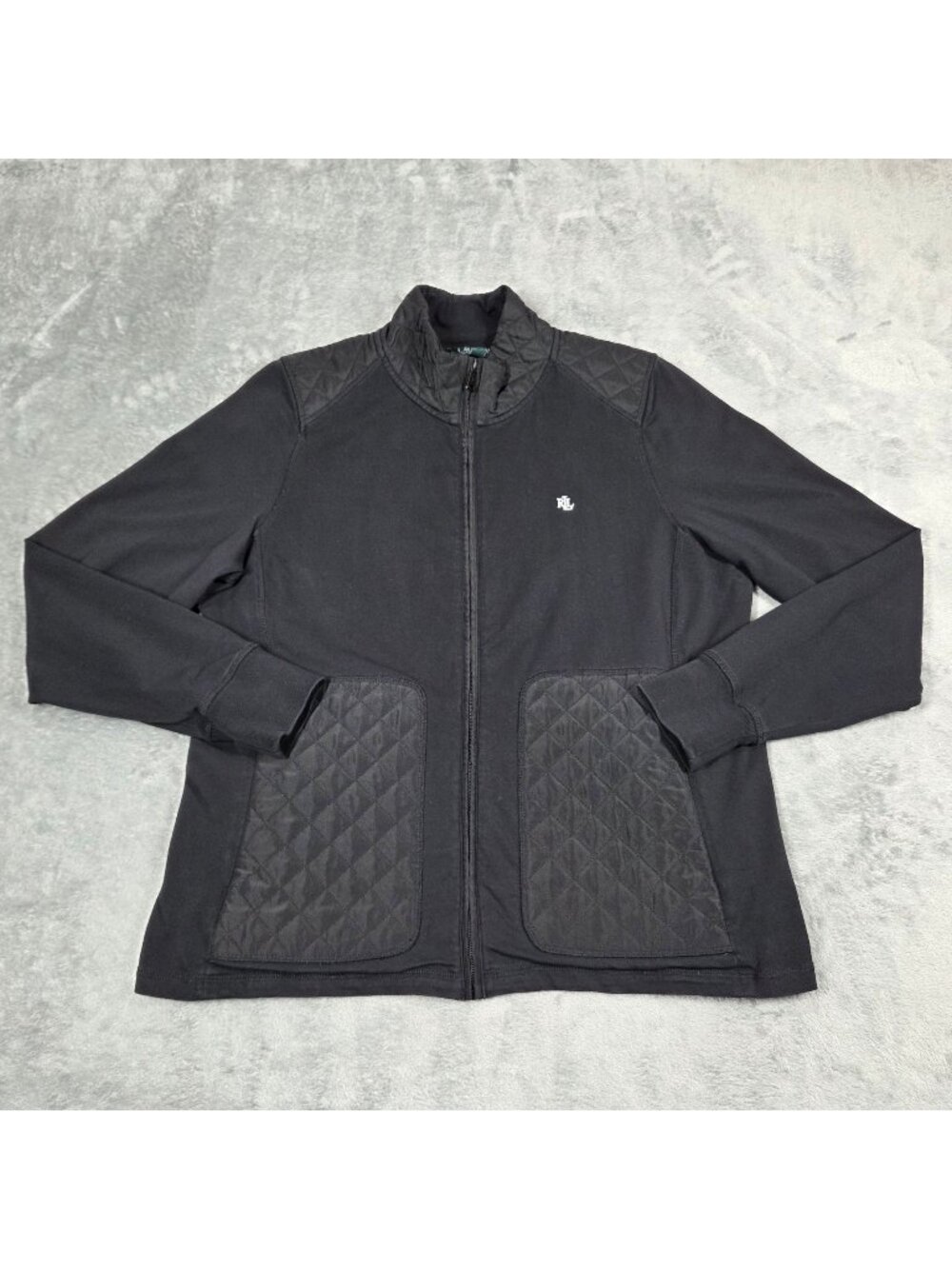 Lauren Ralph Lauren Jacket XL Black Quilted Patch Lightweight Equestrian Preppy